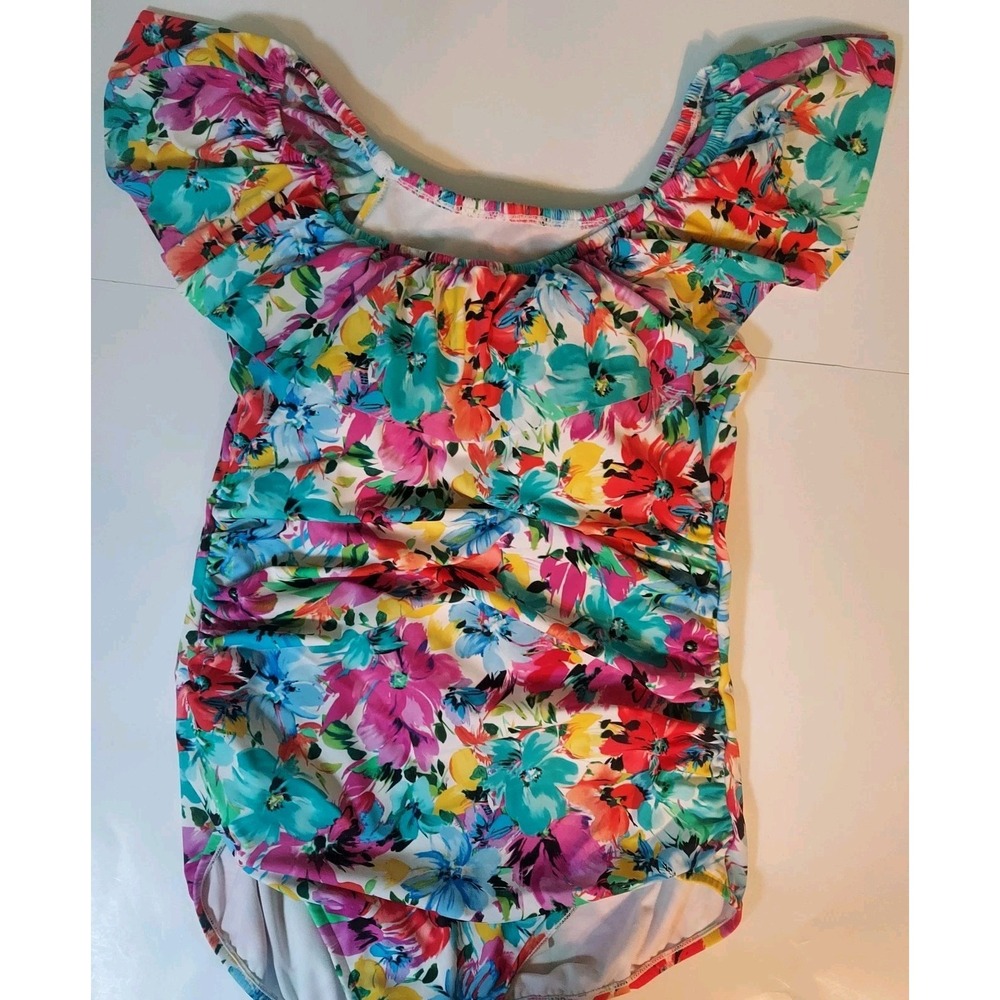 Swim Solutions  16 Off The Shoulder Botanical Printed One Piece Swimsuit Ruffled